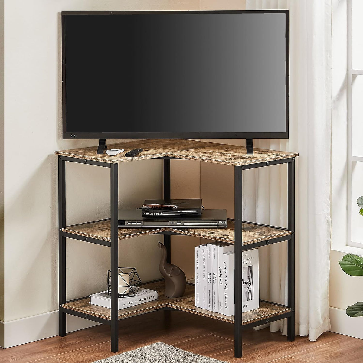 Corner Cabinet Table with 3 Tier Open Shelf, Multipurpose Display Organizer Storage Stand for Small Space Home Office Kitchen, Brown