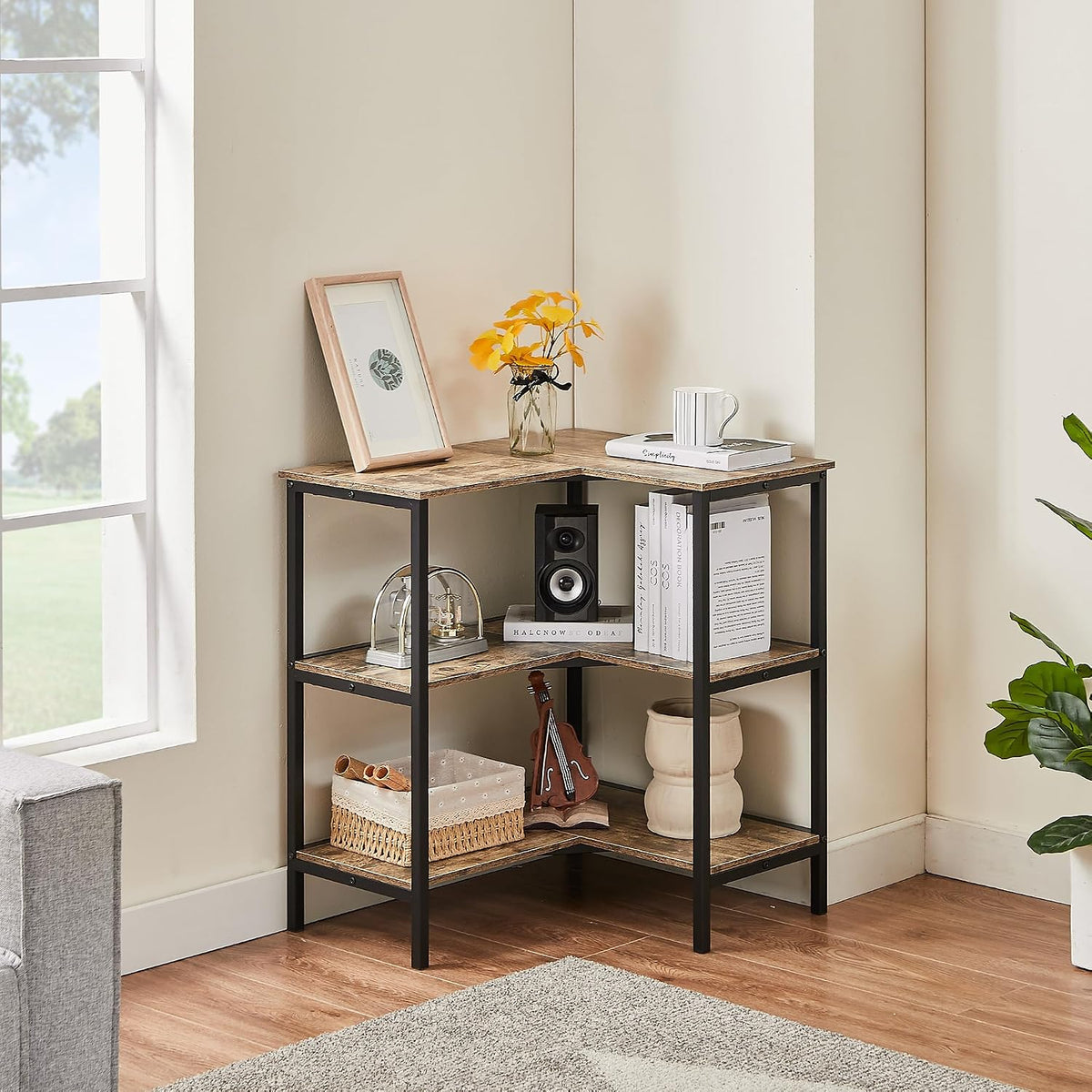 Corner Cabinet Table with 3 Tier Open Shelf, Multipurpose Display Organizer Storage Stand for Small Space Home Office Kitchen, Brown
