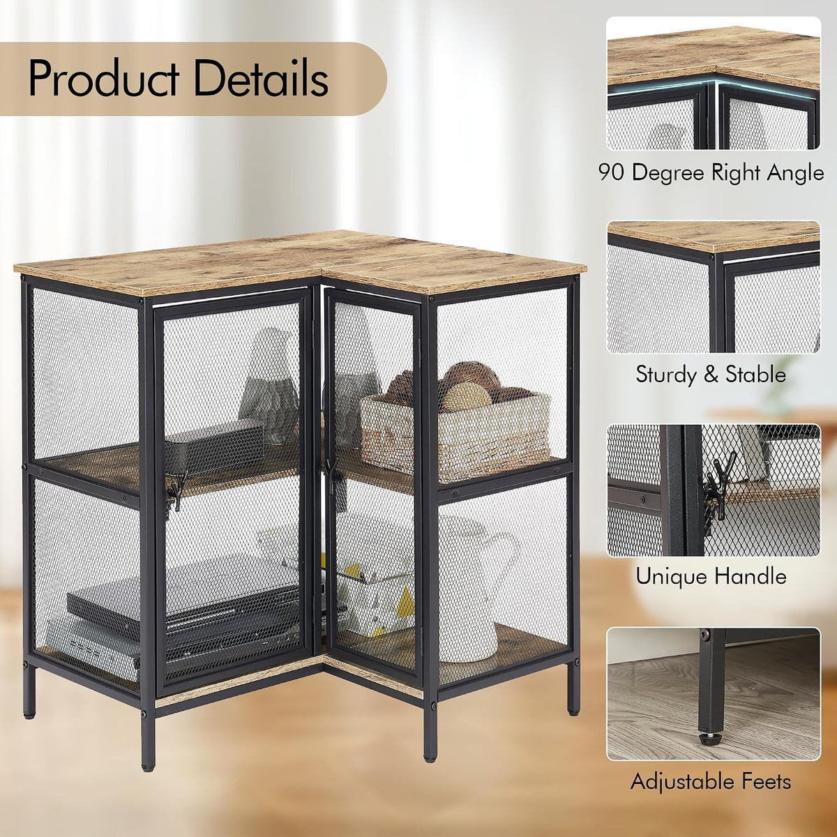 Corner Cabinet Table with 3 Tier Open Shelf, Multipurpose Display Organizer Storage Stand for Small Space Home Office Kitchen, Brown