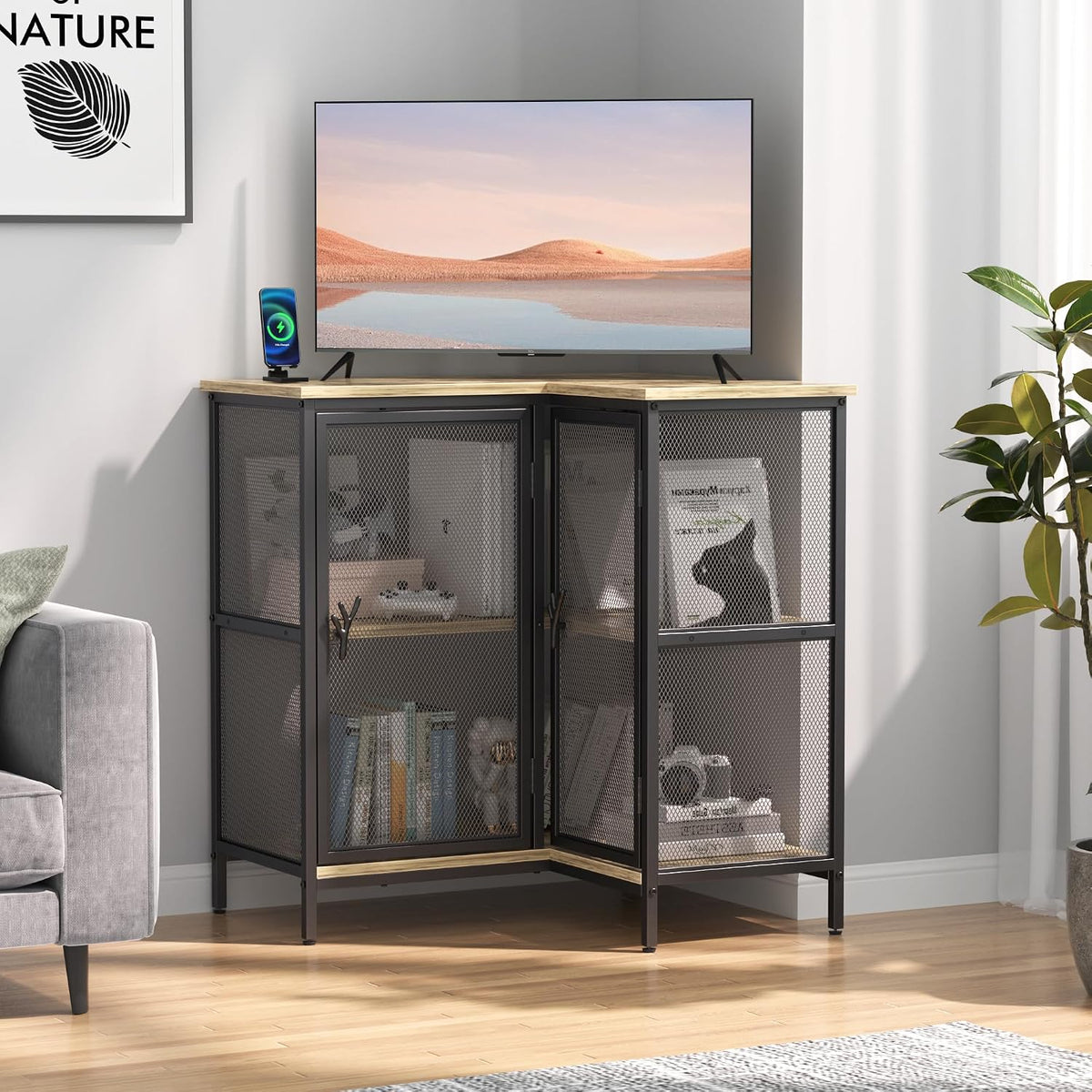 Corner Cabinet Table with 3 Tier Open Shelf, Multipurpose Display Organizer Storage Stand for Small Space Home Office Kitchen, Brown
