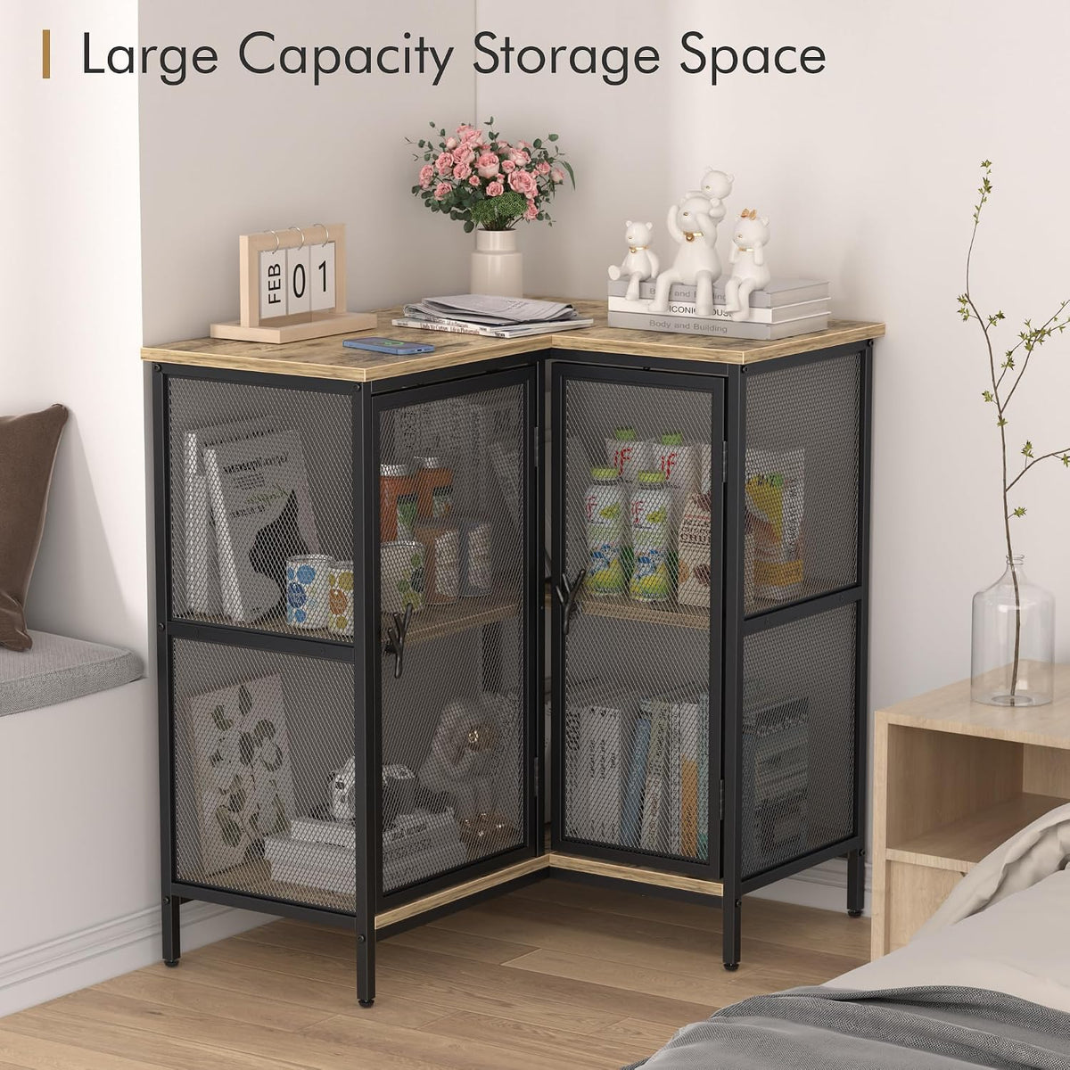 Corner Cabinet Table with 3 Tier Open Shelf, Multipurpose Display Organizer Storage Stand for Small Space Home Office Kitchen, Brown