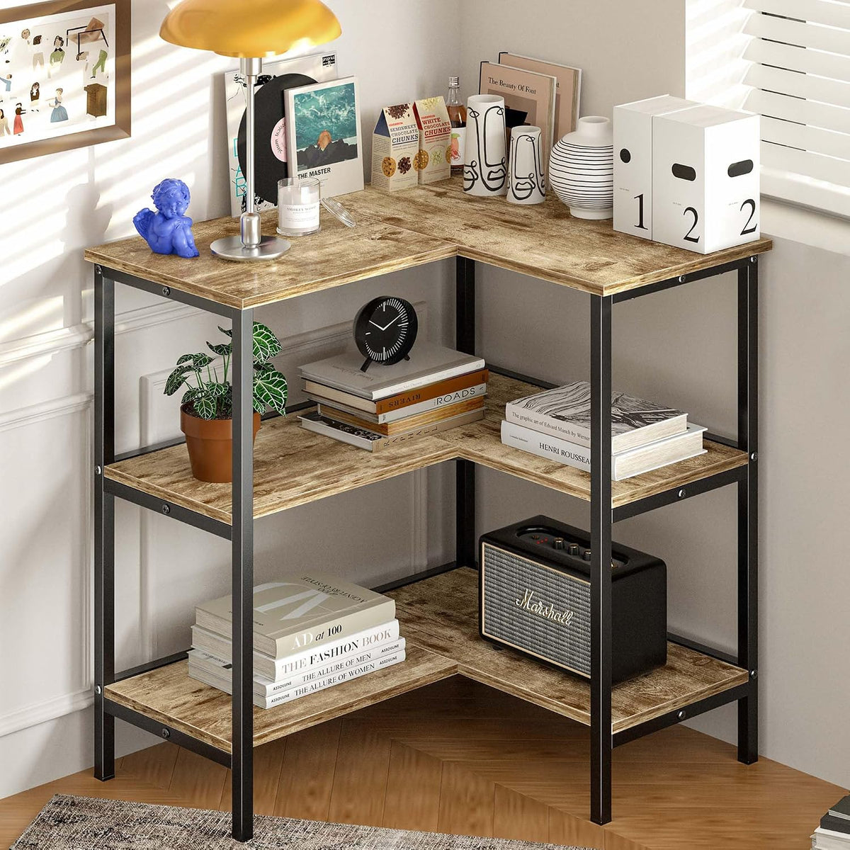 Corner Cabinet Table with 3 Tier Open Shelf, Multipurpose Display Organizer Storage Stand for Small Space Home Office Kitchen, Brown