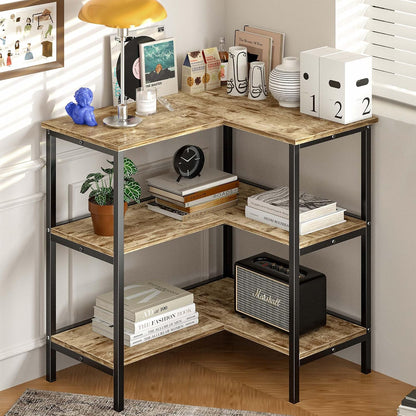 Corner Cabinet Table with 3 Tier Open Shelf, Multipurpose Display Organizer Storage Stand for Small Space Home Office Kitchen, Brown