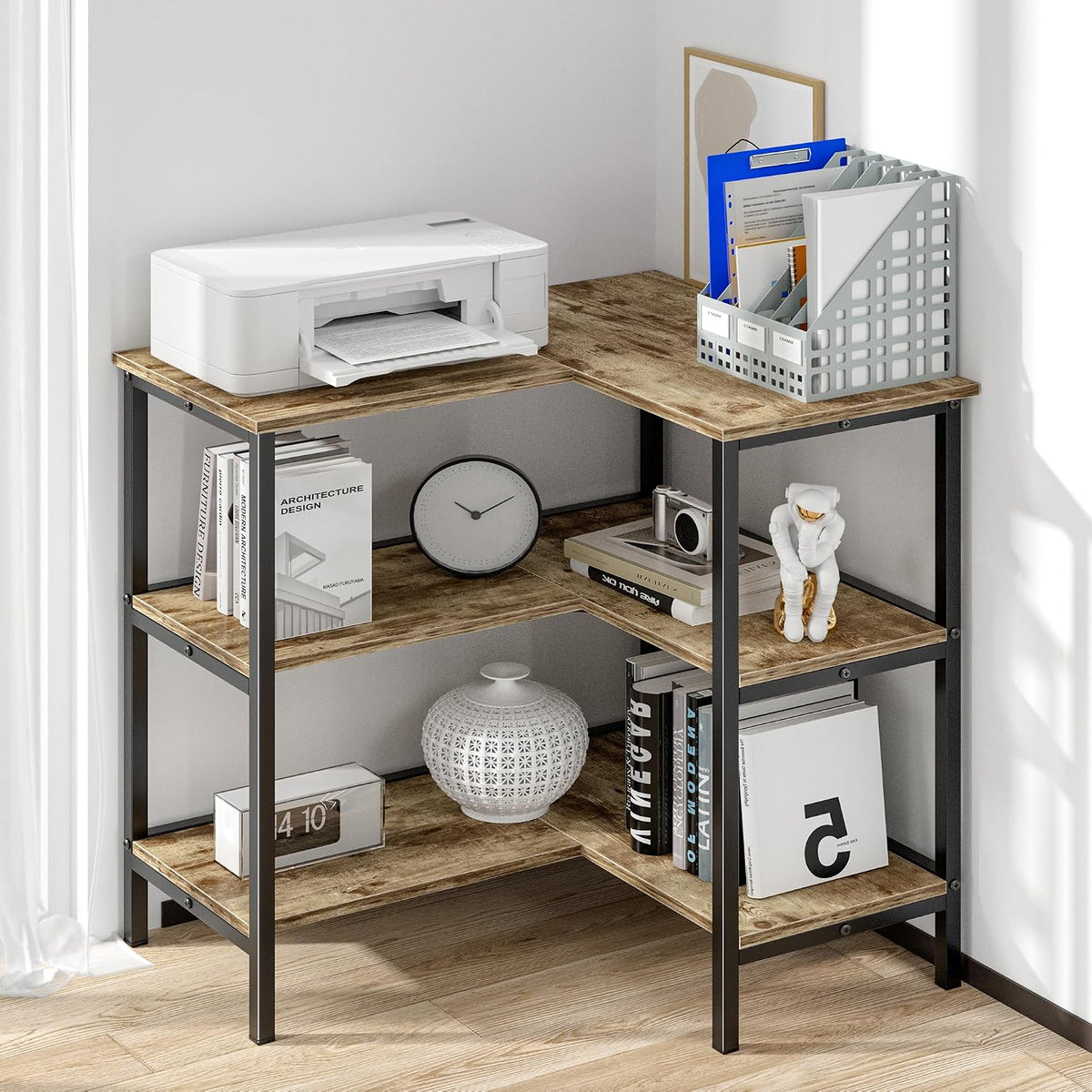 Corner Cabinet Table with 3 Tier Open Shelf, Multipurpose Display Organizer Storage Stand for Small Space Home Office Kitchen, Brown