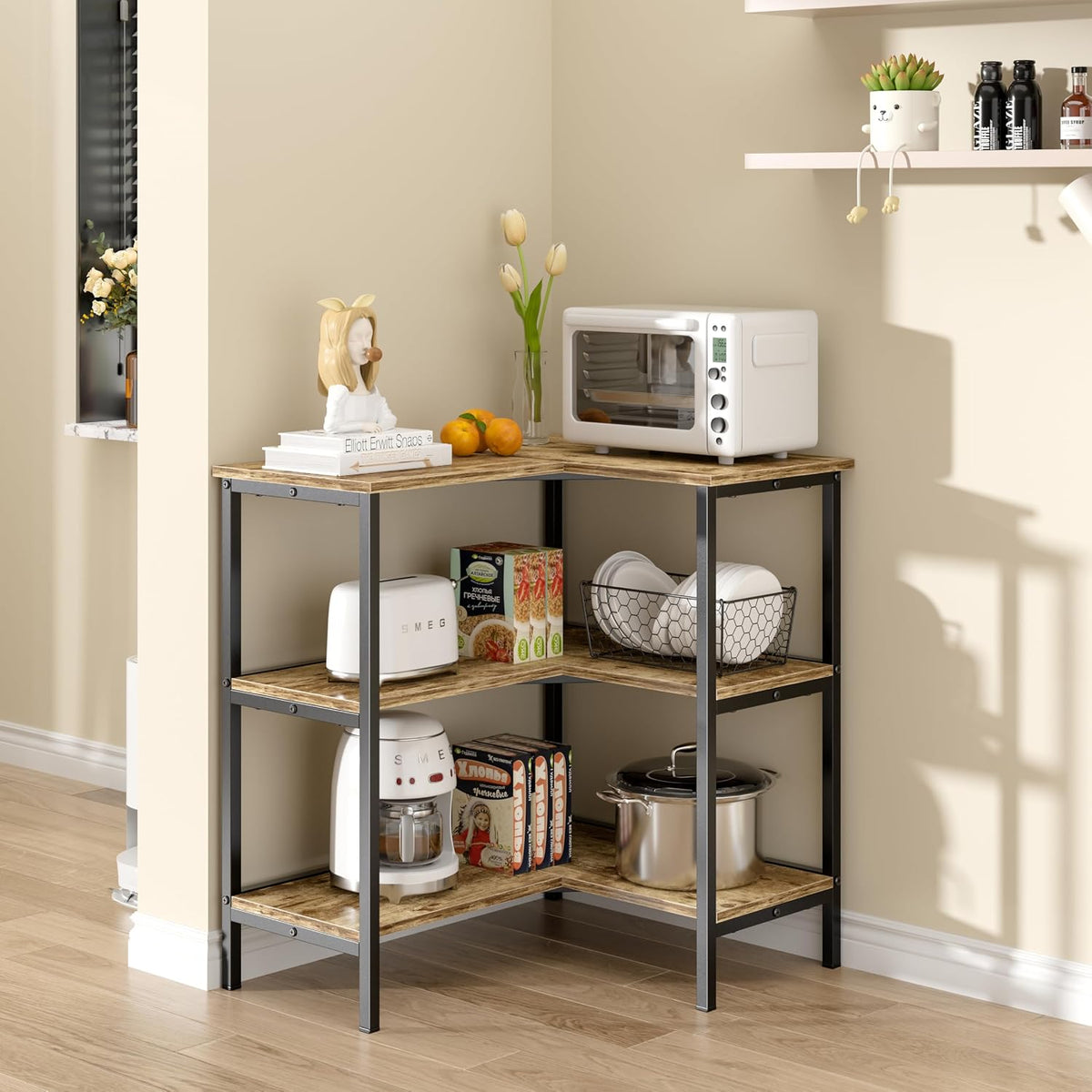 Corner Cabinet Table with 3 Tier Open Shelf, Multipurpose Display Organizer Storage Stand for Small Space Home Office Kitchen, Brown