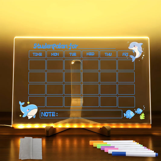 LED Acrylic Erase Board Calendar with Stand，Clear Desktop Calendar Whiteboard for Desk with 7 Color Markers Erasable Markers，Weekly&Monthly Planner，for Home, Office, School, Birthday Gift (Blue)