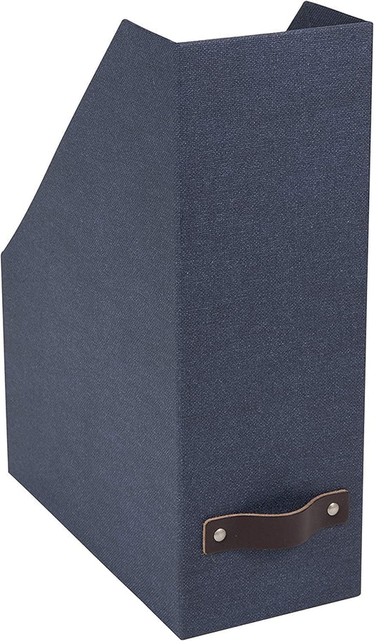 Box of Sweden Estelle Canvas Fiberboard Upright Magazine Holder and Organizer for Papers and Catalogs with Leather Handle - Magazine File Holder for Office Desks - 12.6in x 4.5in x 9.8in - Blue