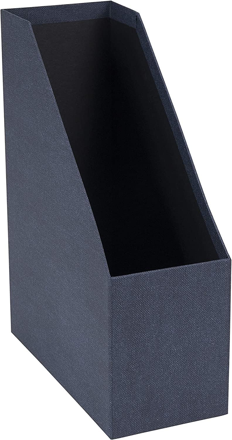 Box of Sweden Estelle Canvas Fiberboard Upright Magazine Holder and Organizer for Papers and Catalogs with Leather Handle - Magazine File Holder for Office Desks - 12.6in x 4.5in x 9.8in - Blue