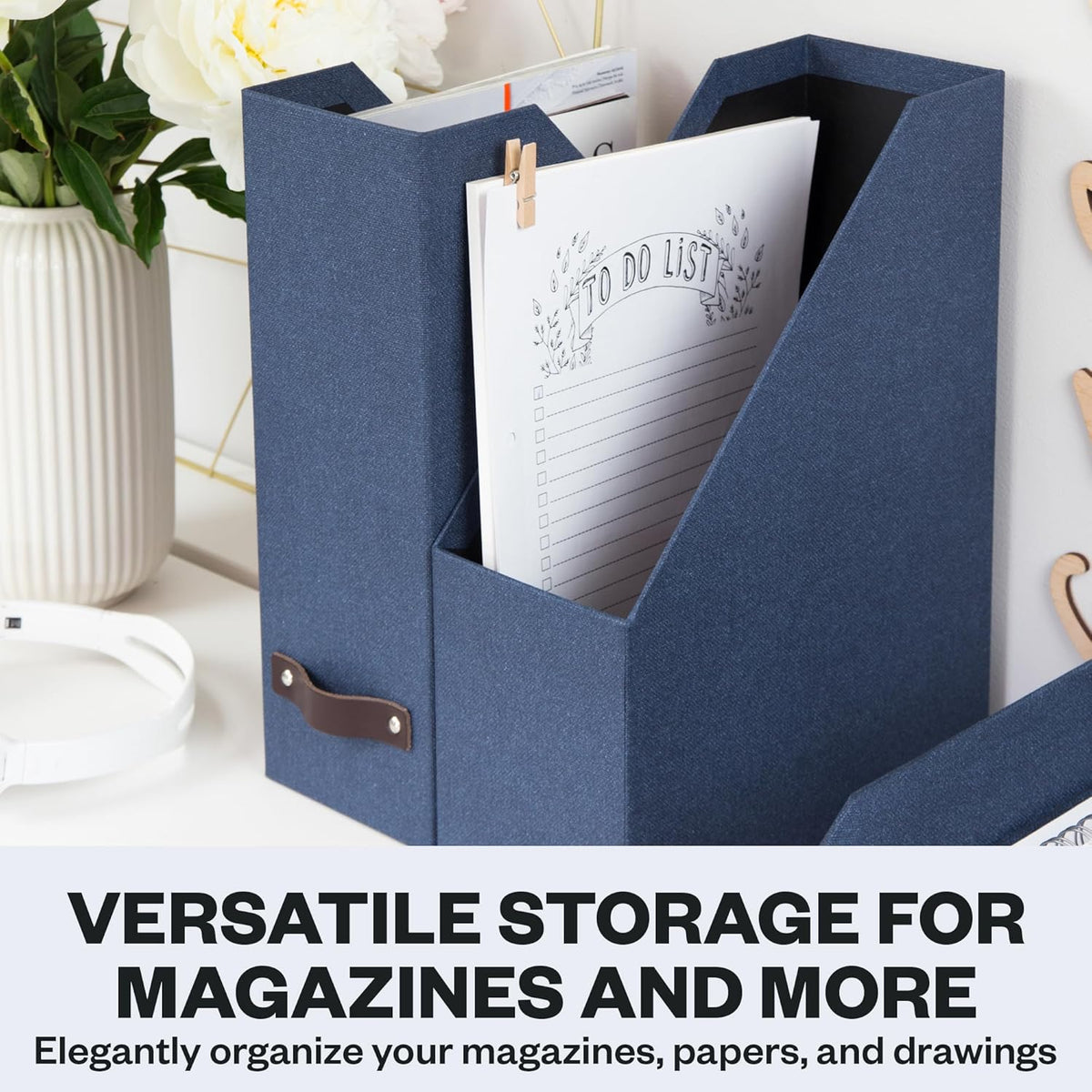 Box of Sweden Estelle Canvas Fiberboard Upright Magazine Holder and Organizer for Papers and Catalogs with Leather Handle - Magazine File Holder for Office Desks - 12.6in x 4.5in x 9.8in - Blue