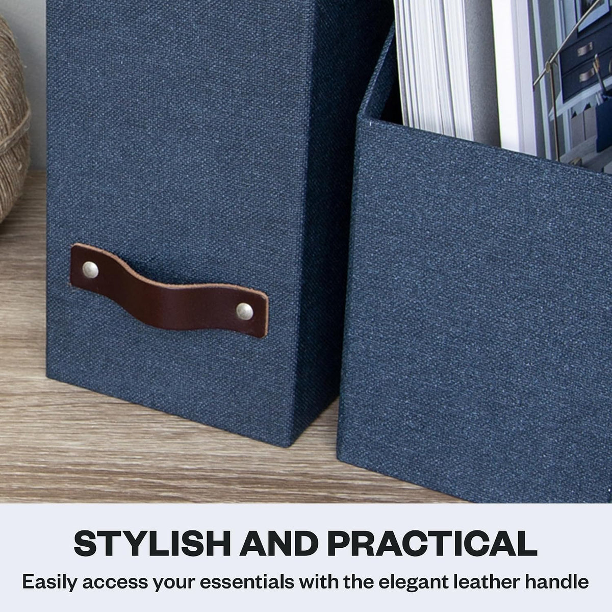 Box of Sweden Estelle Canvas Fiberboard Upright Magazine Holder and Organizer for Papers and Catalogs with Leather Handle - Magazine File Holder for Office Desks - 12.6in x 4.5in x 9.8in - Blue