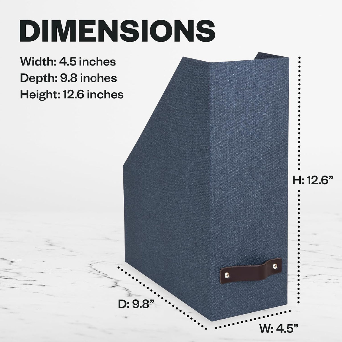 Box of Sweden Estelle Canvas Fiberboard Upright Magazine Holder and Organizer for Papers and Catalogs with Leather Handle - Magazine File Holder for Office Desks - 12.6in x 4.5in x 9.8in - Blue