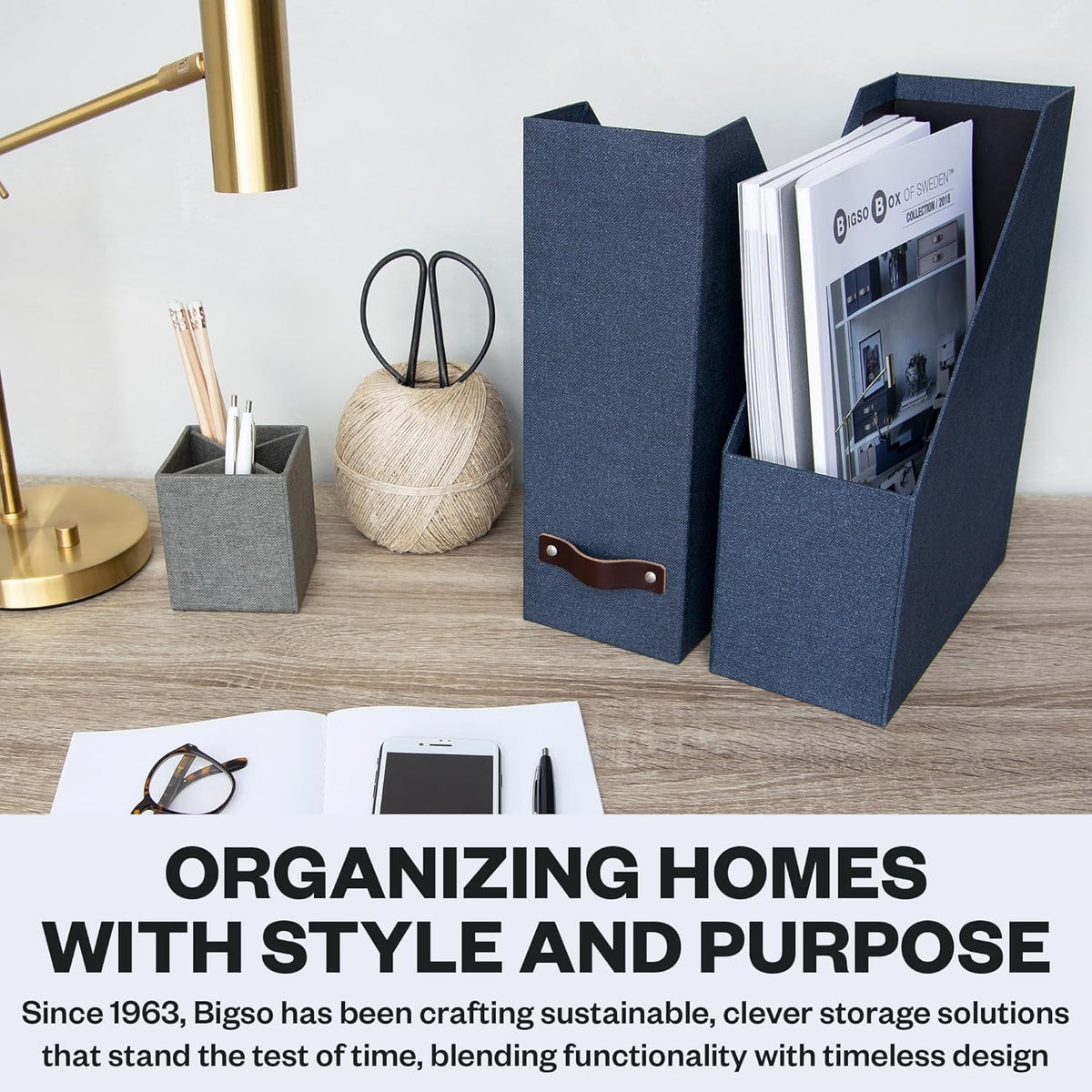 Box of Sweden Estelle Canvas Fiberboard Upright Magazine Holder and Organizer for Papers and Catalogs with Leather Handle - Magazine File Holder for Office Desks - 12.6in x 4.5in x 9.8in - Blue