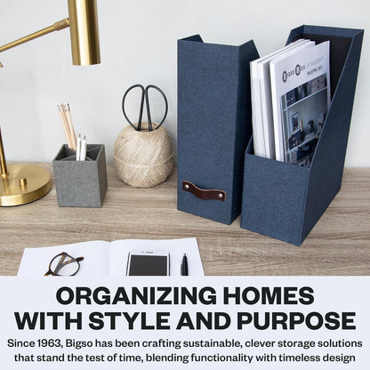 Box of Sweden Estelle Canvas Fiberboard Upright Magazine Holder and Organizer for Papers and Catalogs with Leather Handle - Magazine File Holder for Office Desks - 12.6in x 4.5in x 9.8in - Blue