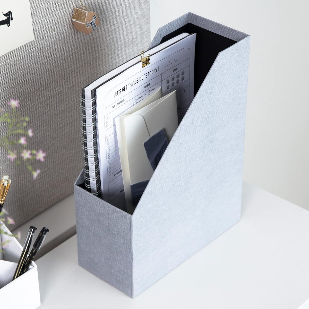 Box of Sweden Estelle Canvas Fiberboard Upright Magazine Holder and Organizer for Papers and Catalogs with Leather Handle - Magazine File Holder for Office Desks - 12.6in x 4.5in x 9.8in - Blue