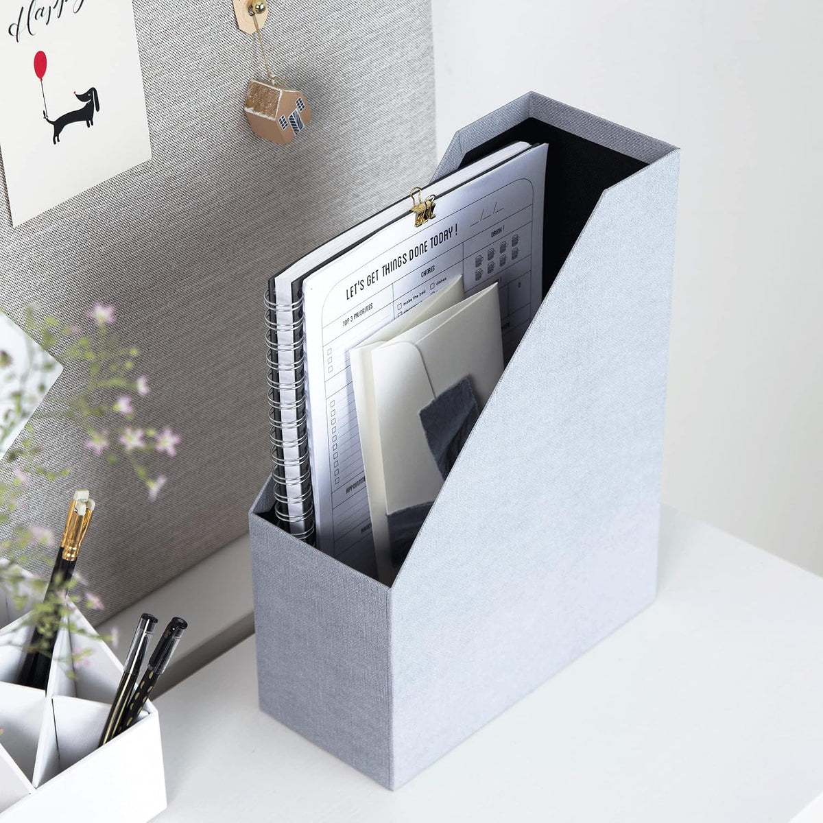 Box of Sweden Estelle Canvas Fiberboard Upright Magazine Holder and Organizer for Papers and Catalogs with Leather Handle - Magazine File Holder for Office Desks - 12.6in x 4.5in x 9.8in - Blue