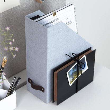 Box of Sweden Estelle Canvas Fiberboard Upright Magazine Holder and Organizer for Papers and Catalogs with Leather Handle - Magazine File Holder for Office Desks - 12.6in x 4.5in x 9.8in - Blue