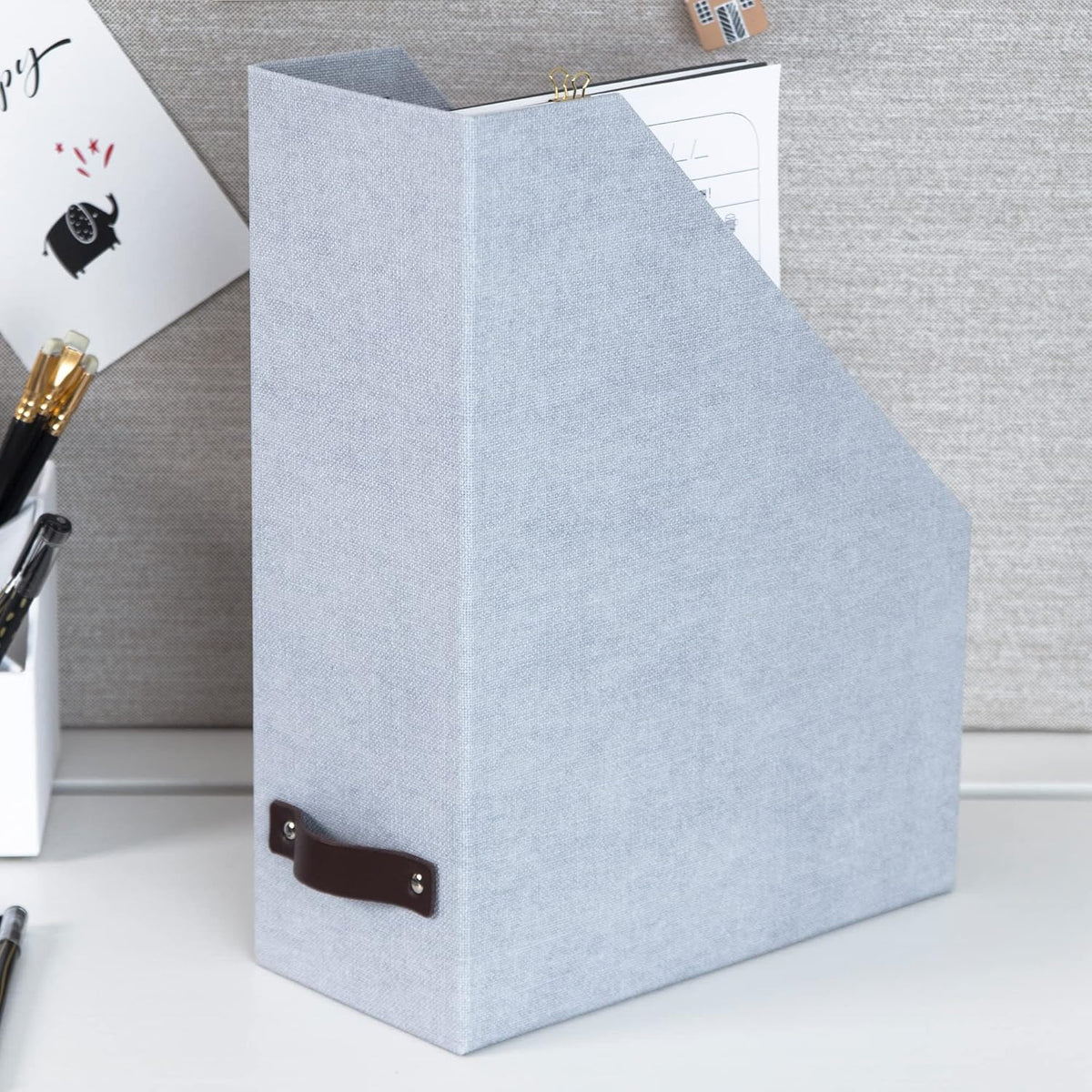 Box of Sweden Estelle Canvas Fiberboard Upright Magazine Holder and Organizer for Papers and Catalogs with Leather Handle - Magazine File Holder for Office Desks - 12.6in x 4.5in x 9.8in - Blue