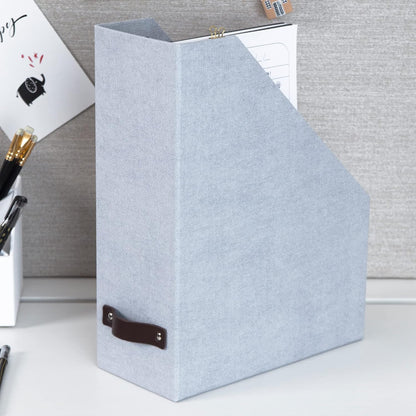 Box of Sweden Estelle Canvas Fiberboard Upright Magazine Holder and Organizer for Papers and Catalogs with Leather Handle - Magazine File Holder for Office Desks - 12.6in x 4.5in x 9.8in - Blue