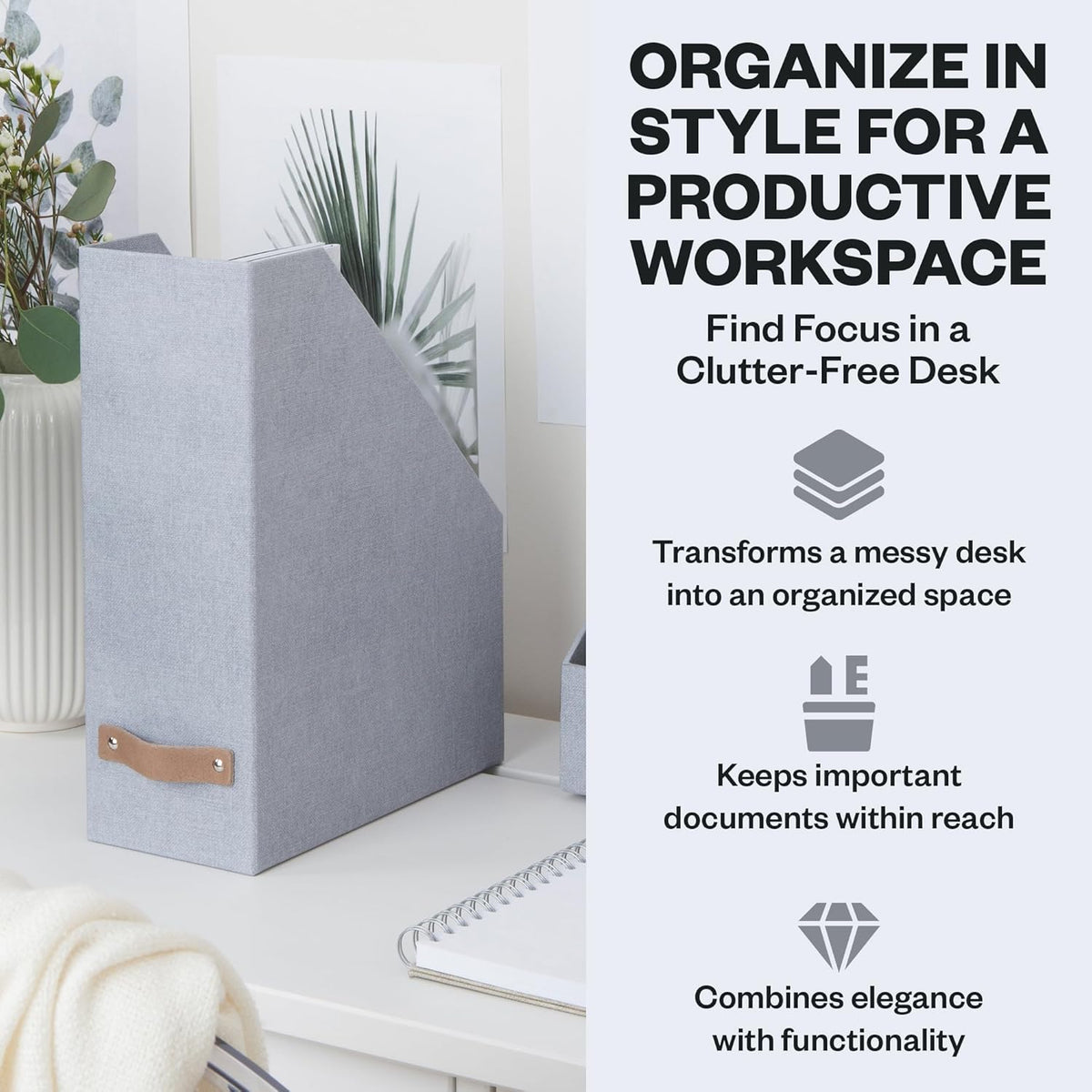 Box of Sweden Estelle Canvas Fiberboard Upright Magazine Holder and Organizer for Papers and Catalogs with Leather Handle - Magazine File Holder for Office Desks - 12.6in x 4.5in x 9.8in - Blue
