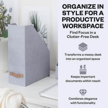 Box of Sweden Estelle Canvas Fiberboard Upright Magazine Holder and Organizer for Papers and Catalogs with Leather Handle - Magazine File Holder for Office Desks - 12.6in x 4.5in x 9.8in - Blue