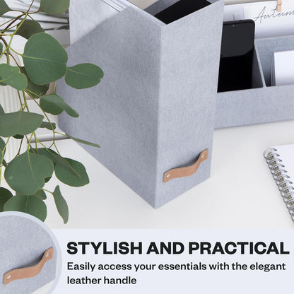 Box of Sweden Estelle Canvas Fiberboard Upright Magazine Holder and Organizer for Papers and Catalogs with Leather Handle - Magazine File Holder for Office Desks - 12.6in x 4.5in x 9.8in - Blue
