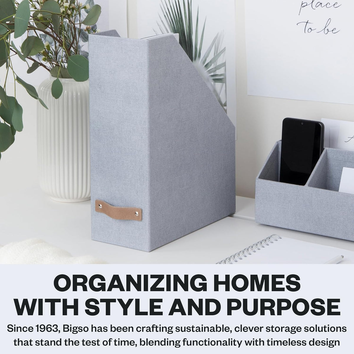 Box of Sweden Estelle Canvas Fiberboard Upright Magazine Holder and Organizer for Papers and Catalogs with Leather Handle - Magazine File Holder for Office Desks - 12.6in x 4.5in x 9.8in - Blue