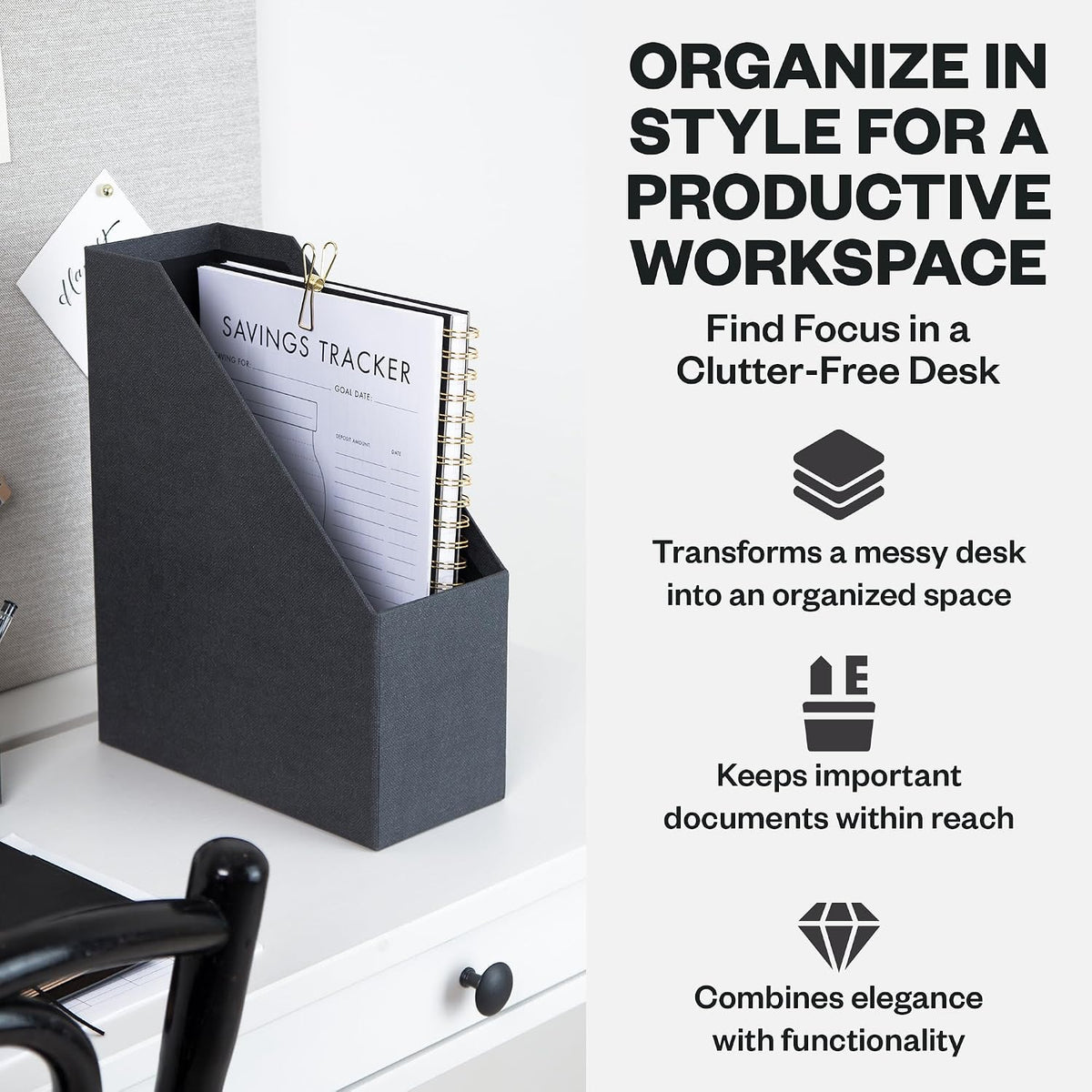Box of Sweden Estelle Canvas Fiberboard Upright Magazine Holder and Organizer for Papers and Catalogs with Leather Handle - Magazine File Holder for Office Desks - 12.6in x 4.5in x 9.8in - Blue