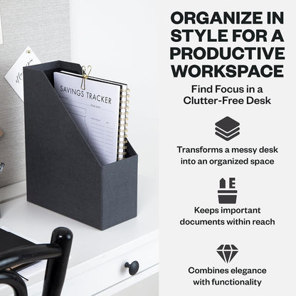 Box of Sweden Estelle Canvas Fiberboard Upright Magazine Holder and Organizer for Papers and Catalogs with Leather Handle - Magazine File Holder for Office Desks - 12.6in x 4.5in x 9.8in - Blue