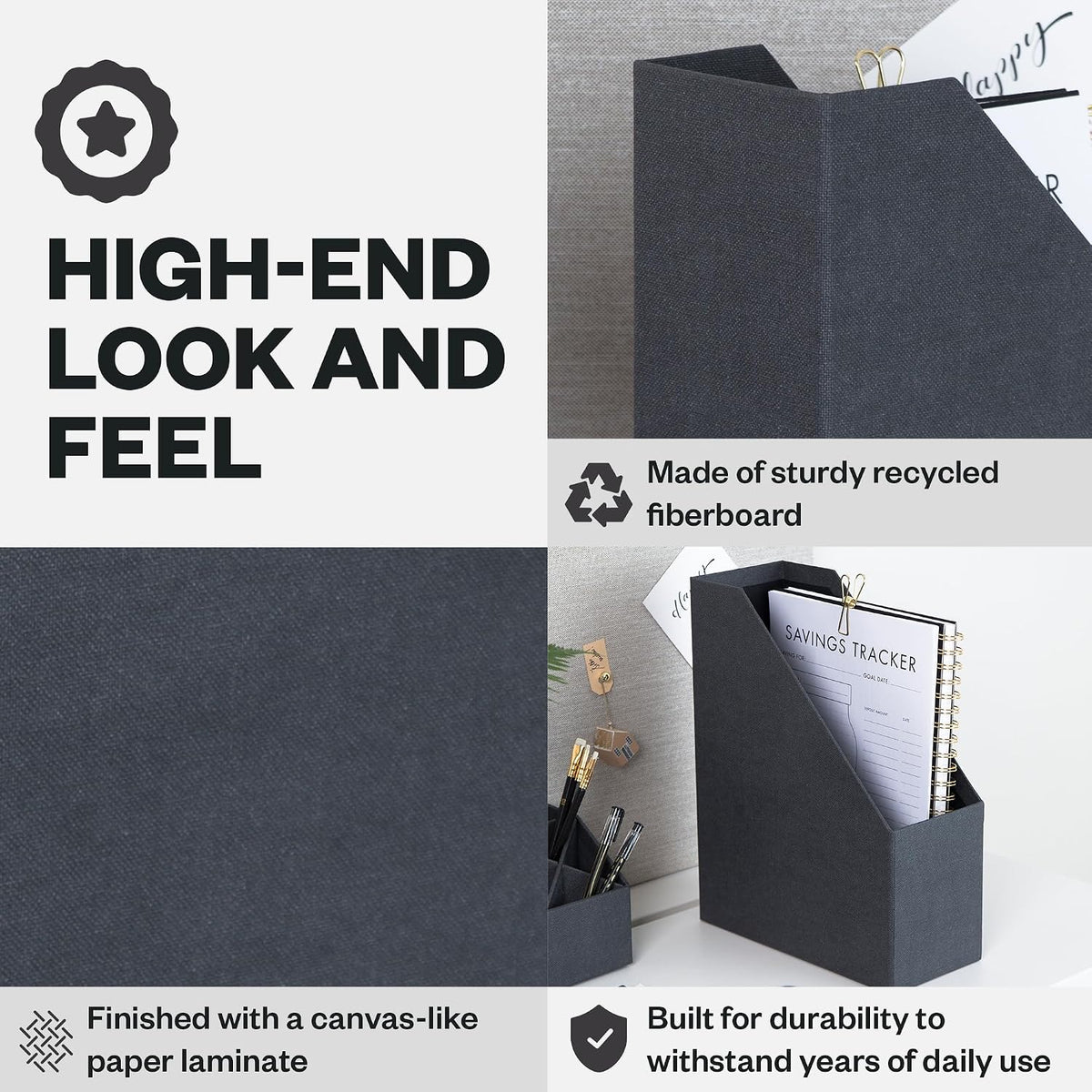 Box of Sweden Estelle Canvas Fiberboard Upright Magazine Holder and Organizer for Papers and Catalogs with Leather Handle - Magazine File Holder for Office Desks - 12.6in x 4.5in x 9.8in - Blue