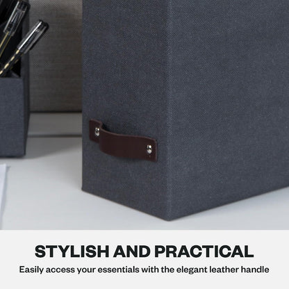 Box of Sweden Estelle Canvas Fiberboard Upright Magazine Holder and Organizer for Papers and Catalogs with Leather Handle - Magazine File Holder for Office Desks - 12.6in x 4.5in x 9.8in - Blue