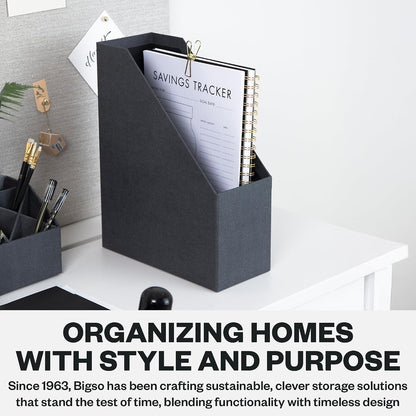 Box of Sweden Estelle Canvas Fiberboard Upright Magazine Holder and Organizer for Papers and Catalogs with Leather Handle - Magazine File Holder for Office Desks - 12.6in x 4.5in x 9.8in - Blue