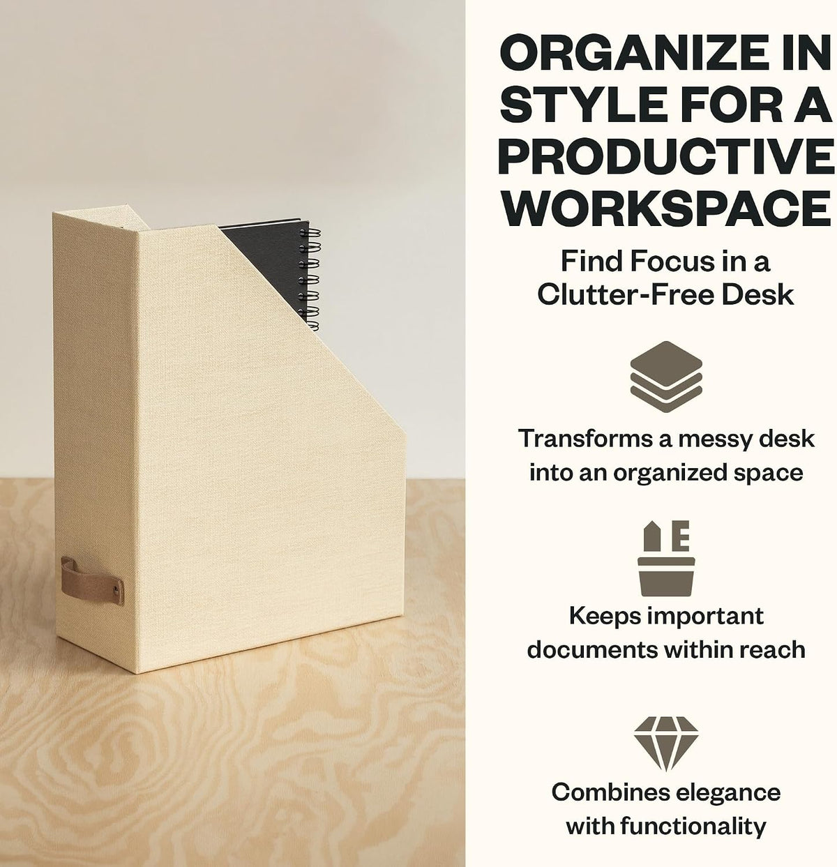 Box of Sweden Estelle Canvas Fiberboard Upright Magazine Holder and Organizer for Papers and Catalogs with Leather Handle - Magazine File Holder for Office Desks - 12.6in x 4.5in x 9.8in - Blue