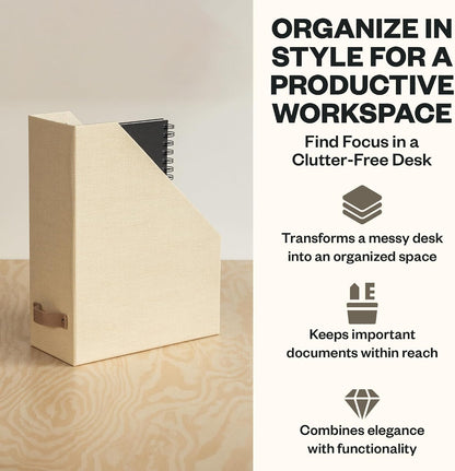 Box of Sweden Estelle Canvas Fiberboard Upright Magazine Holder and Organizer for Papers and Catalogs with Leather Handle - Magazine File Holder for Office Desks - 12.6in x 4.5in x 9.8in - Blue