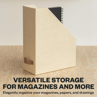 Box of Sweden Estelle Canvas Fiberboard Upright Magazine Holder and Organizer for Papers and Catalogs with Leather Handle - Magazine File Holder for Office Desks - 12.6in x 4.5in x 9.8in - Blue