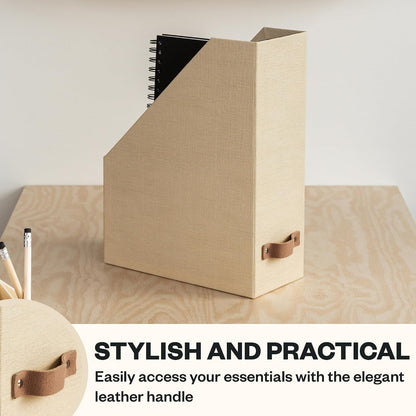 Box of Sweden Estelle Canvas Fiberboard Upright Magazine Holder and Organizer for Papers and Catalogs with Leather Handle - Magazine File Holder for Office Desks - 12.6in x 4.5in x 9.8in - Blue