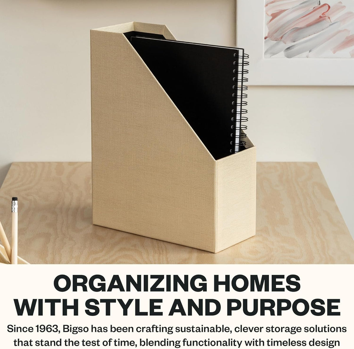 Box of Sweden Estelle Canvas Fiberboard Upright Magazine Holder and Organizer for Papers and Catalogs with Leather Handle - Magazine File Holder for Office Desks - 12.6in x 4.5in x 9.8in - Blue