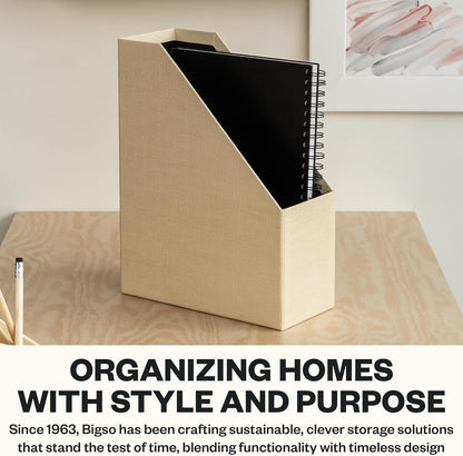 Box of Sweden Estelle Canvas Fiberboard Upright Magazine Holder and Organizer for Papers and Catalogs with Leather Handle - Magazine File Holder for Office Desks - 12.6in x 4.5in x 9.8in - Blue