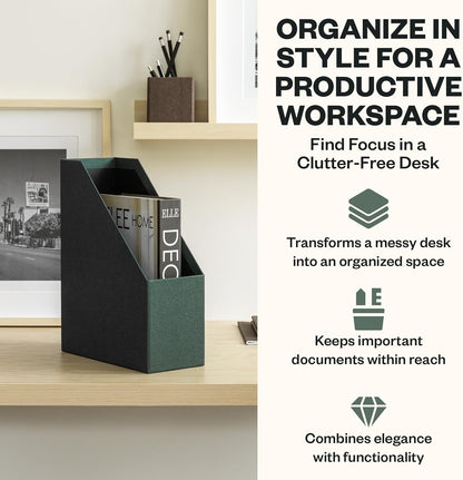 Box of Sweden Estelle Canvas Fiberboard Upright Magazine Holder and Organizer for Papers and Catalogs with Leather Handle - Magazine File Holder for Office Desks - 12.6in x 4.5in x 9.8in - Blue