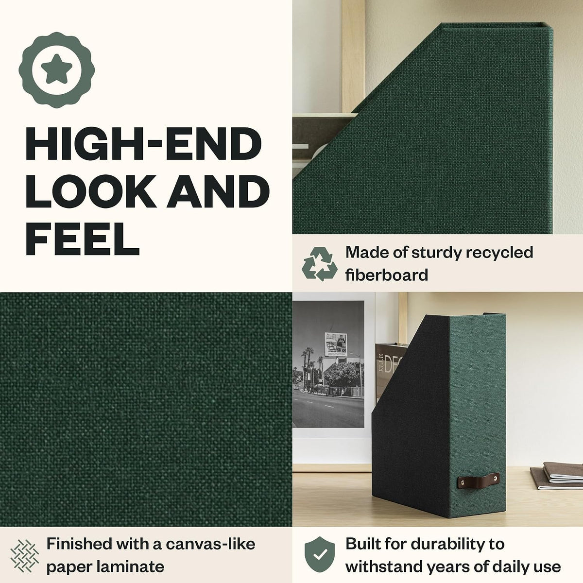 Box of Sweden Estelle Canvas Fiberboard Upright Magazine Holder and Organizer for Papers and Catalogs with Leather Handle - Magazine File Holder for Office Desks - 12.6in x 4.5in x 9.8in - Blue