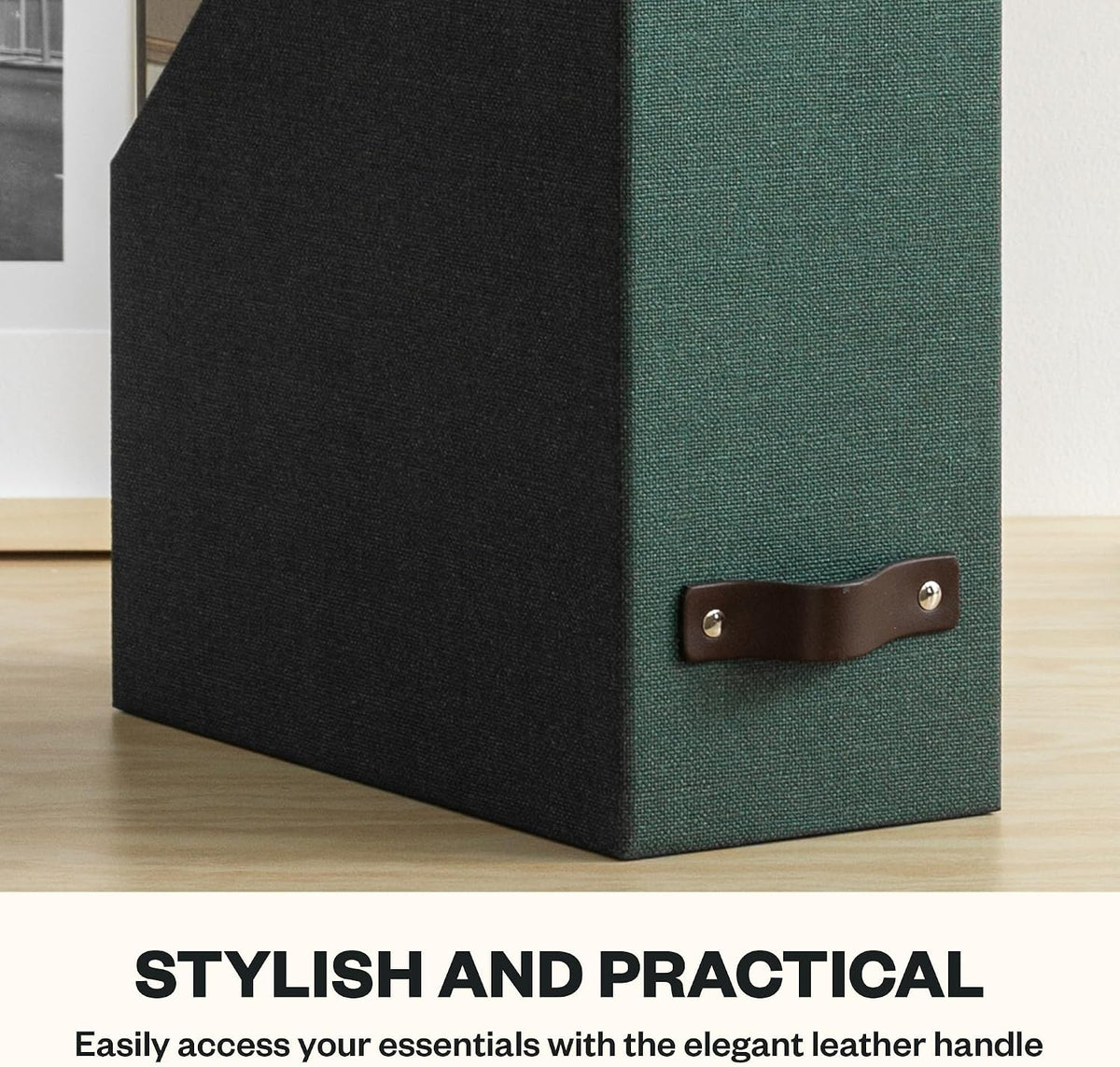 Box of Sweden Estelle Canvas Fiberboard Upright Magazine Holder and Organizer for Papers and Catalogs with Leather Handle - Magazine File Holder for Office Desks - 12.6in x 4.5in x 9.8in - Blue