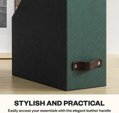 Box of Sweden Estelle Canvas Fiberboard Upright Magazine Holder and Organizer for Papers and Catalogs with Leather Handle - Magazine File Holder for Office Desks - 12.6in x 4.5in x 9.8in - Blue