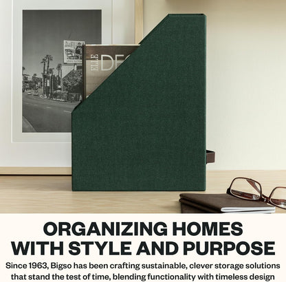 Box of Sweden Estelle Canvas Fiberboard Upright Magazine Holder and Organizer for Papers and Catalogs with Leather Handle - Magazine File Holder for Office Desks - 12.6in x 4.5in x 9.8in - Blue