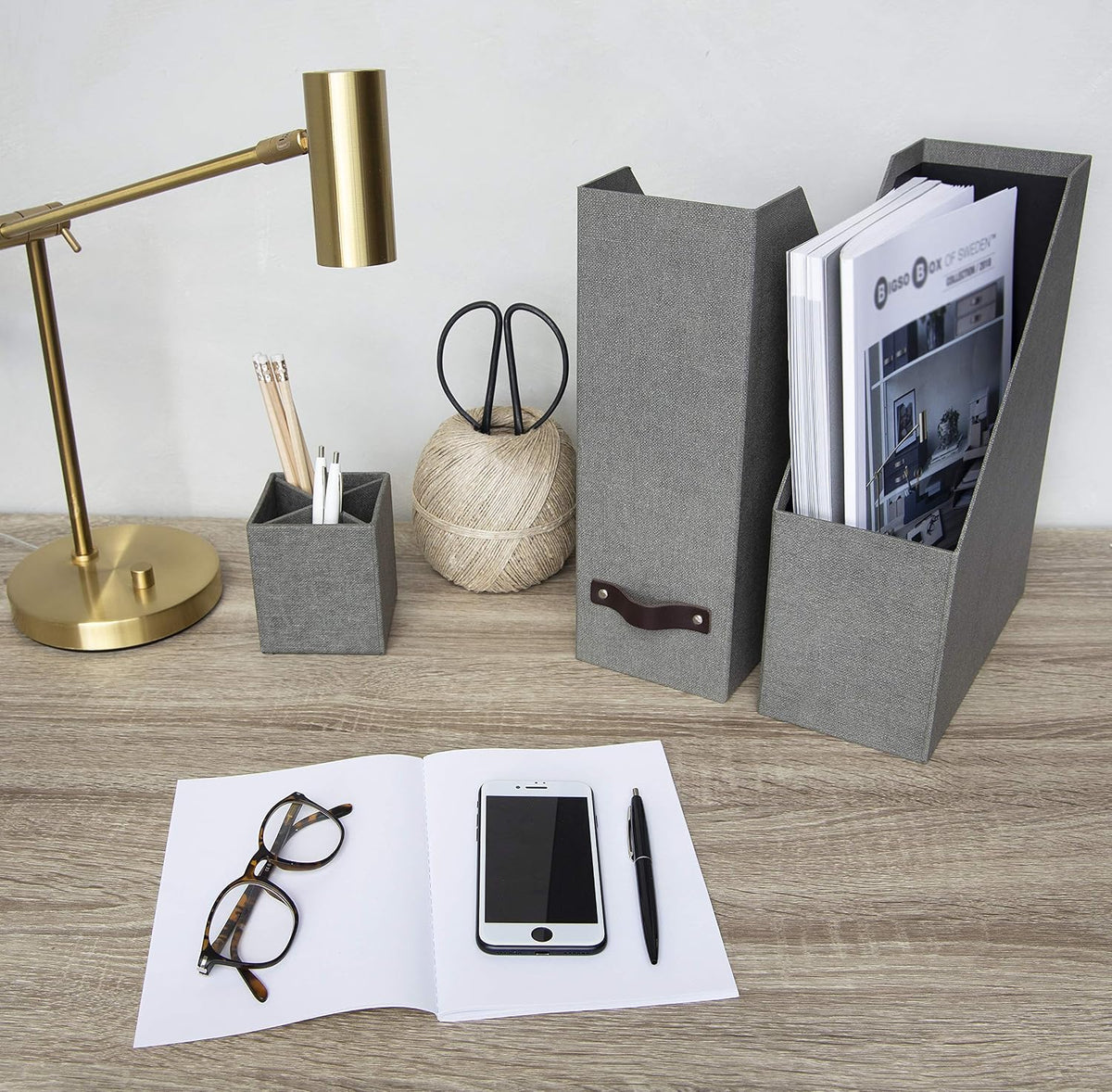 Box of Sweden Estelle Canvas Fiberboard Upright Magazine Holder and Organizer for Papers and Catalogs with Leather Handle - Magazine File Holder for Office Desks - 12.6in x 4.5in x 9.8in - Blue