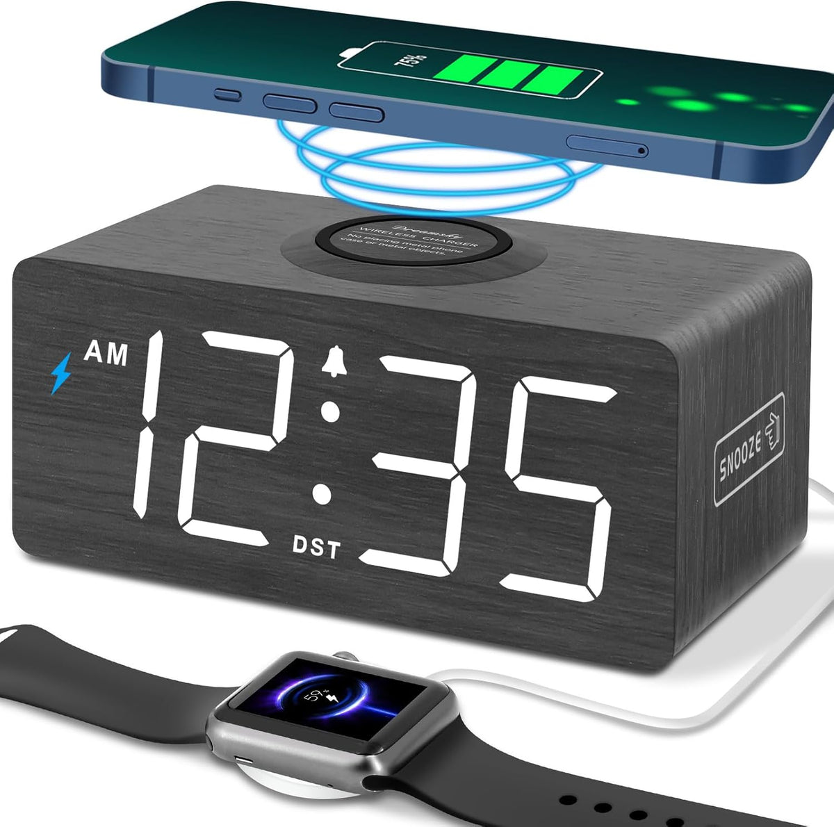Wooden Digital Alarm Clock with Wireless Charging for Bedroom