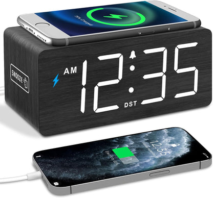 Wooden Digital Alarm Clock with Wireless Charging for Bedroom