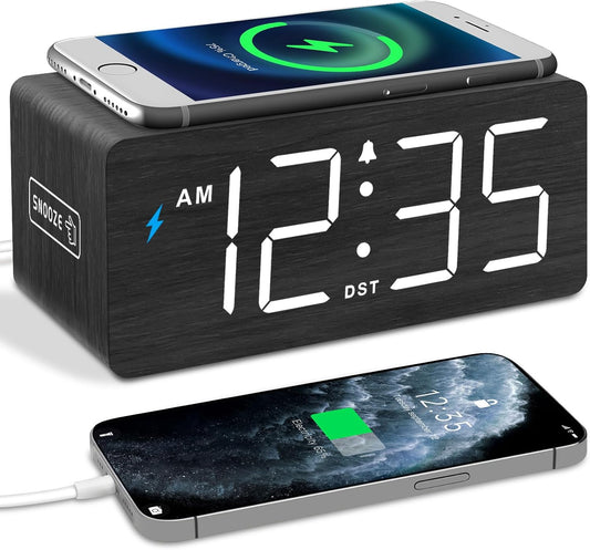 Wooden Digital Alarm Clock with Wireless Charging for Bedroom