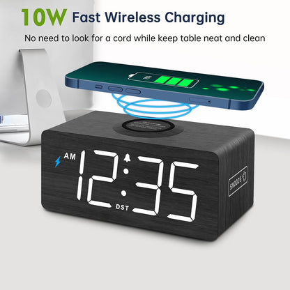 Wooden Digital Alarm Clock with Wireless Charging for Bedroom