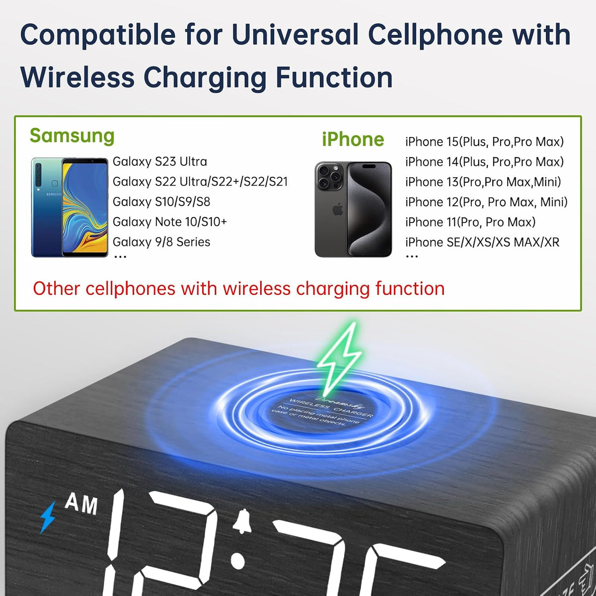 Wooden Digital Alarm Clock with Wireless Charging for Bedroom