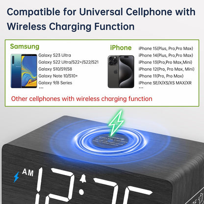 Wooden Digital Alarm Clock with Wireless Charging for Bedroom