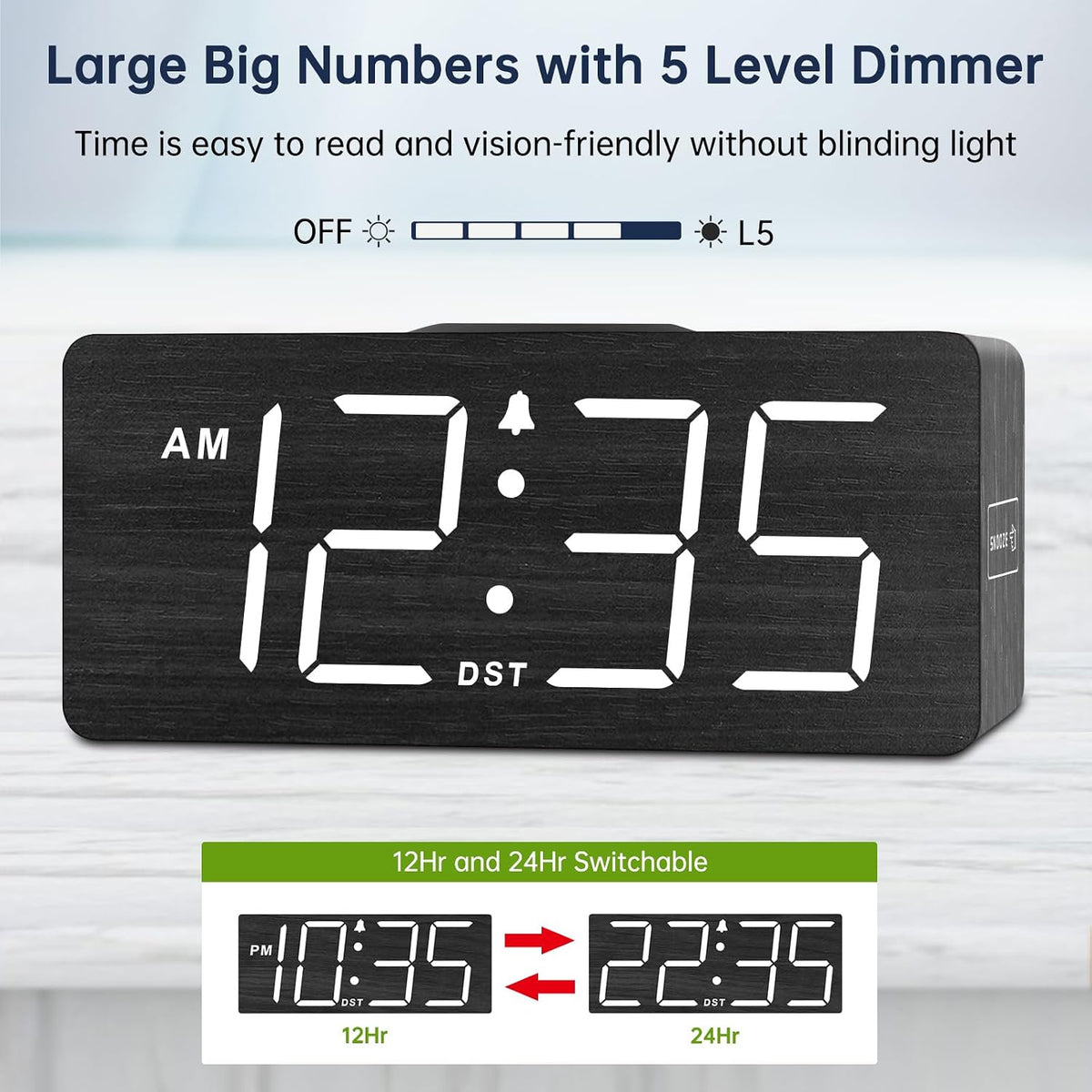 Wooden Digital Alarm Clock with Wireless Charging for Bedroom